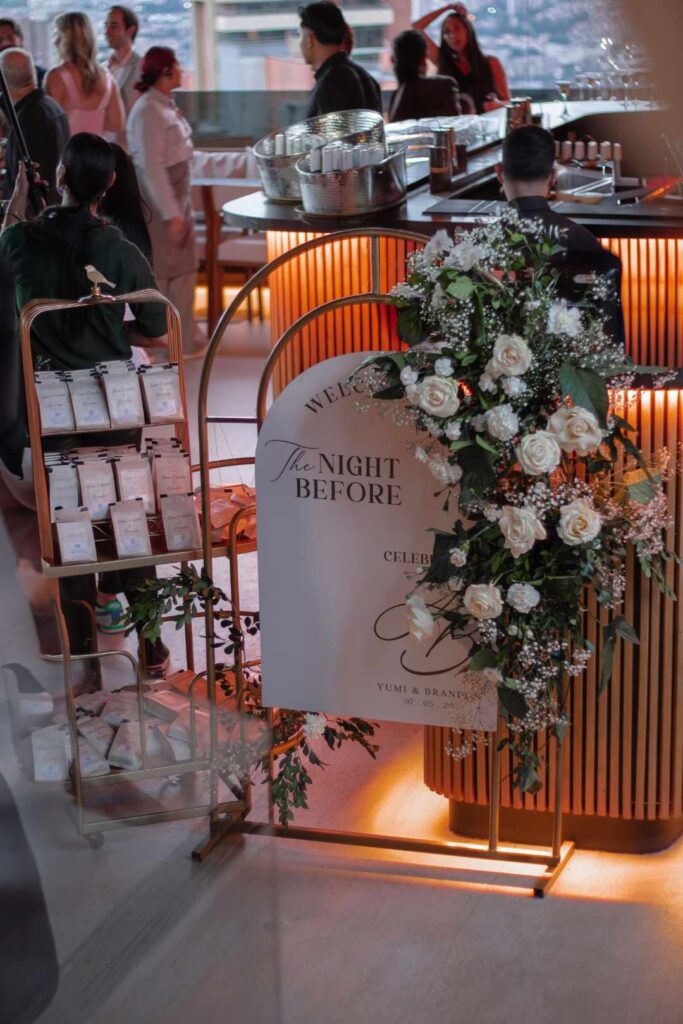 A charming wedding reception scene with colorful flowers and a decorative sign inviting guests to celebrate.