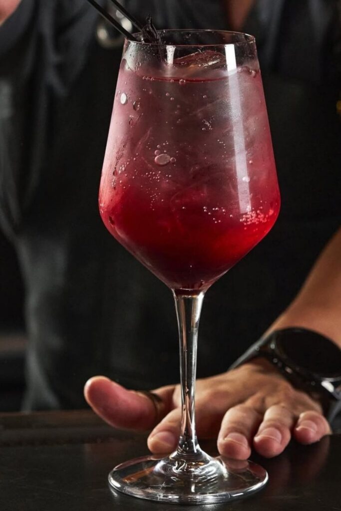 A person holding a glass of red drink at La Makha, highlighting the art of craft drinks.
