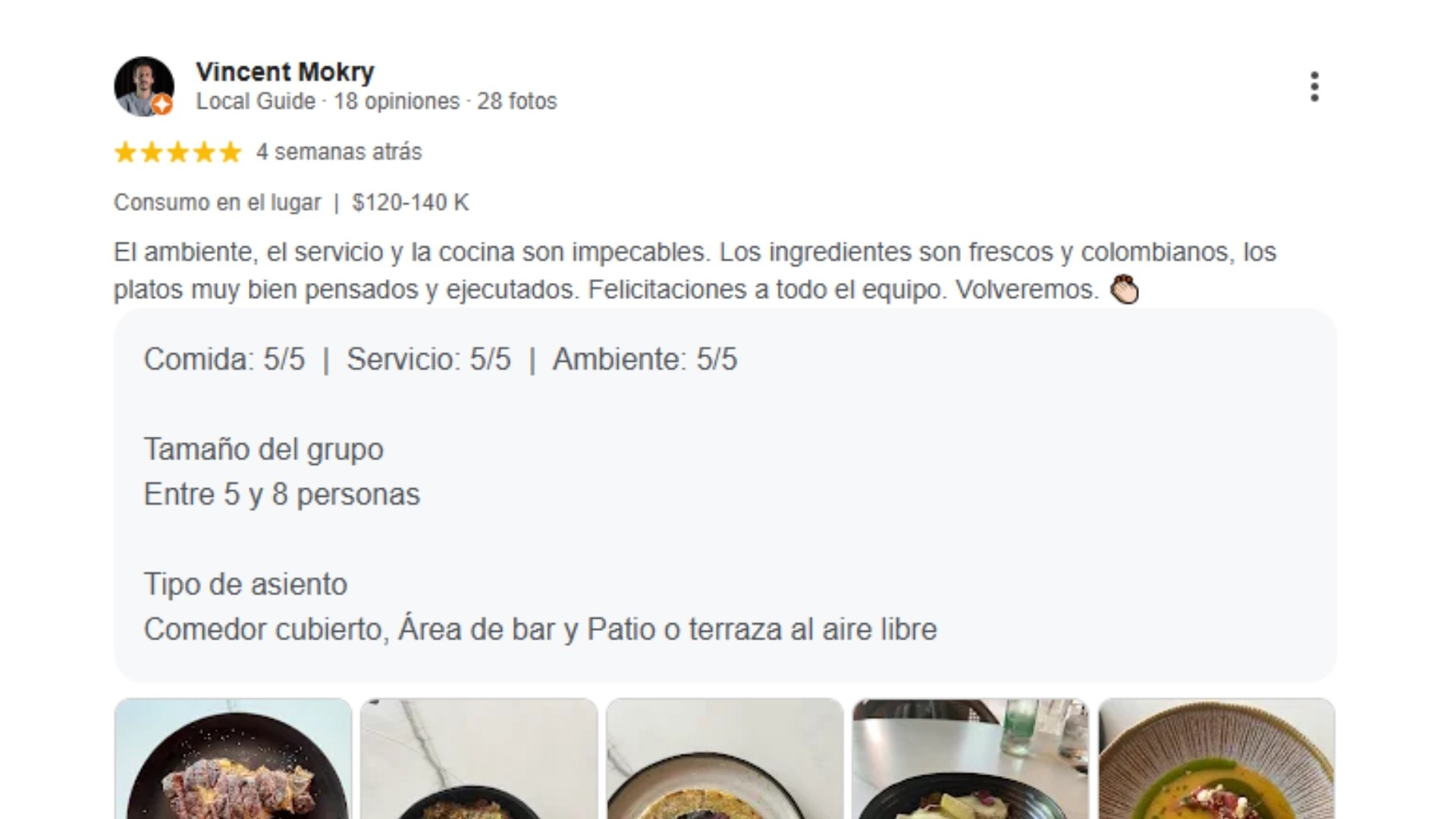 Captura de pantalla de una reseña de comida en la app, destacando comentarios sobre La Makha