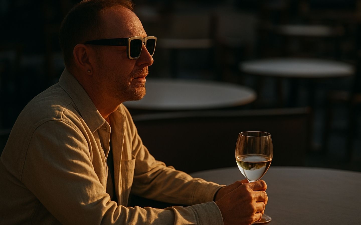 Hombre con gafas de sol en una mesa, sosteniendo una copa de vino, relajándose en un rooftop