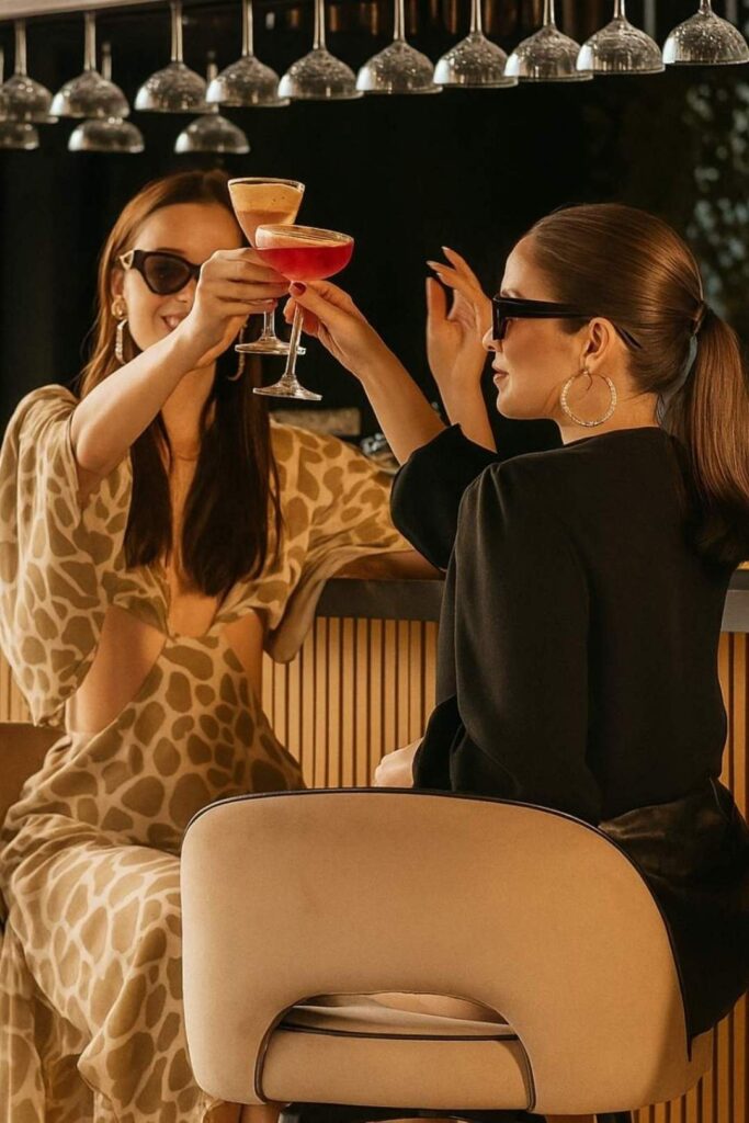 Dos mujeres en vestidos de leopardo brindan con bebidas, disfrutando de una experiencia de mixología colombiana elevada.