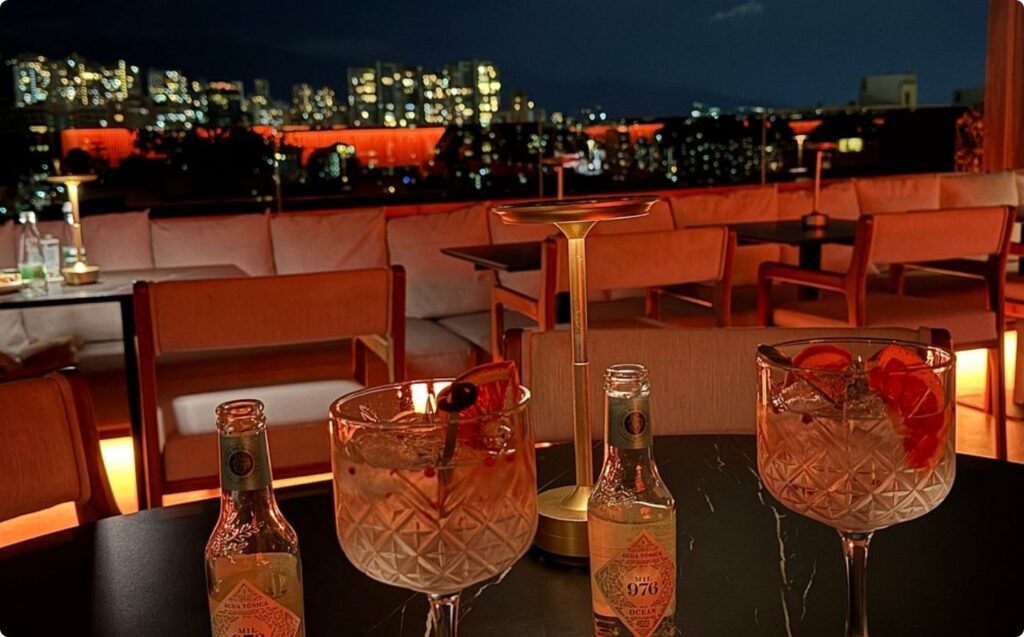 Dos copas de ginebra sobre una mesa con vista a la ciudad.