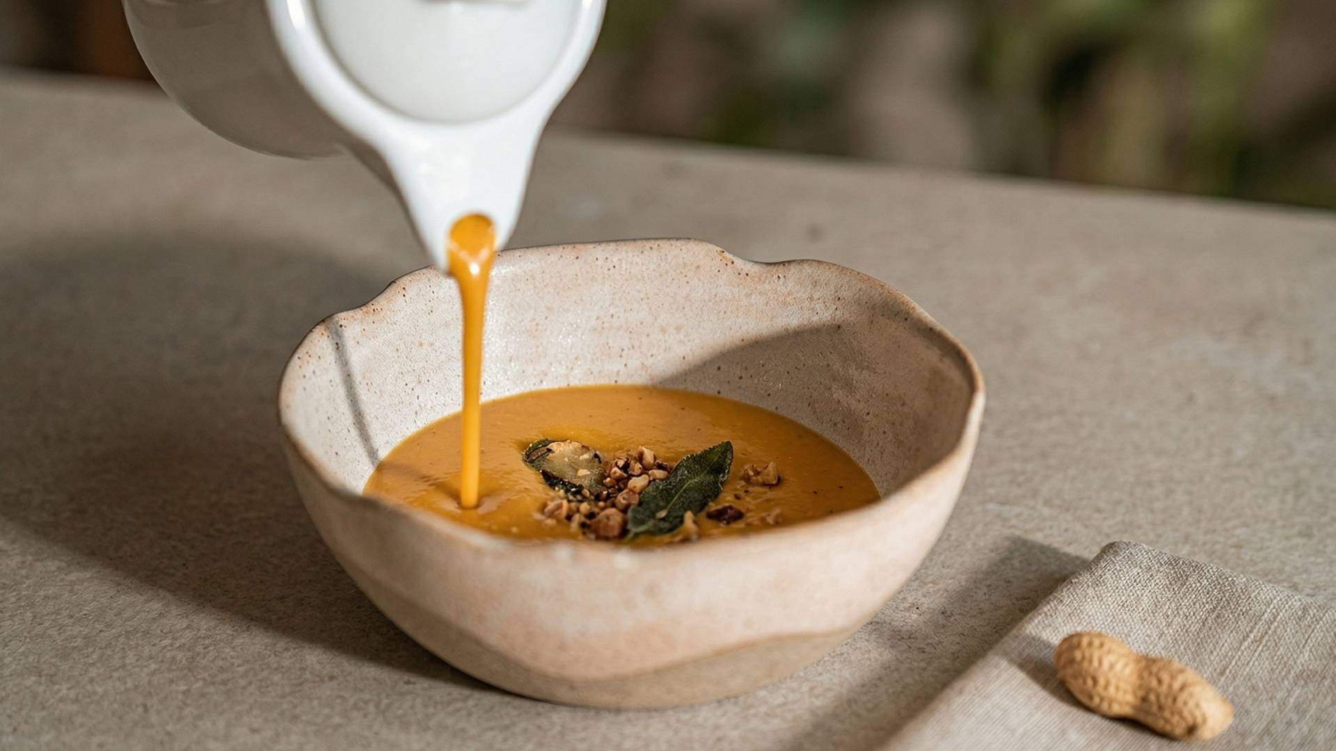 Un cuenco de sopa vegana siendo vertido en otro cuenco.