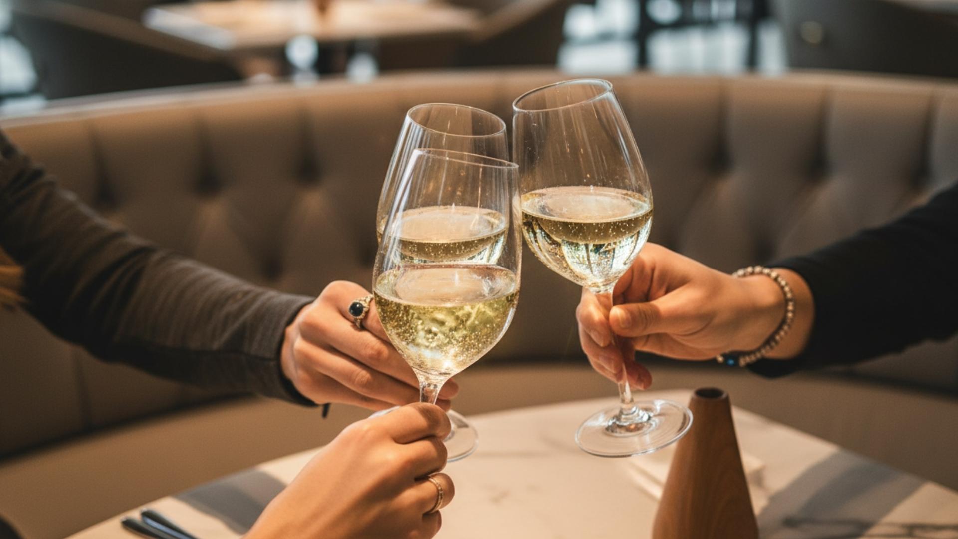 Tres personas brindando con copas de vino blanco