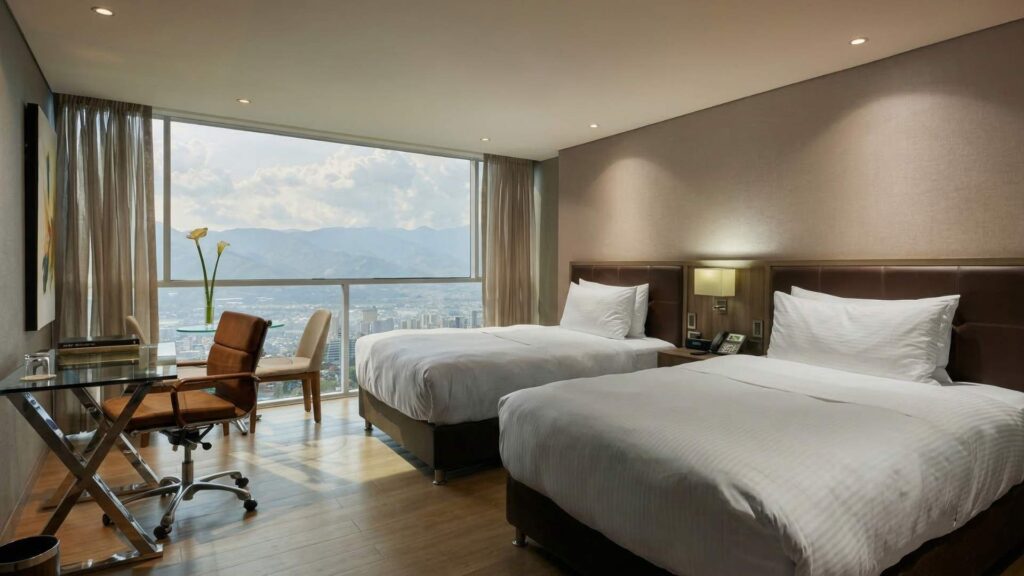 Habitación de hotel de lujo en Medellín con vista panorámica a la ciudad, ideal para comparar precios y opciones de alojamiento premium