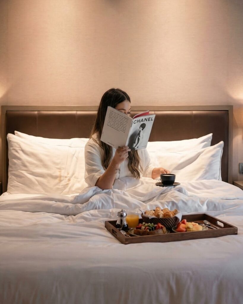 Mujer disfrutando desayuno en cama en hotel de lujo en Medellín, reflejando experiencias premium y ofertas exclusivas