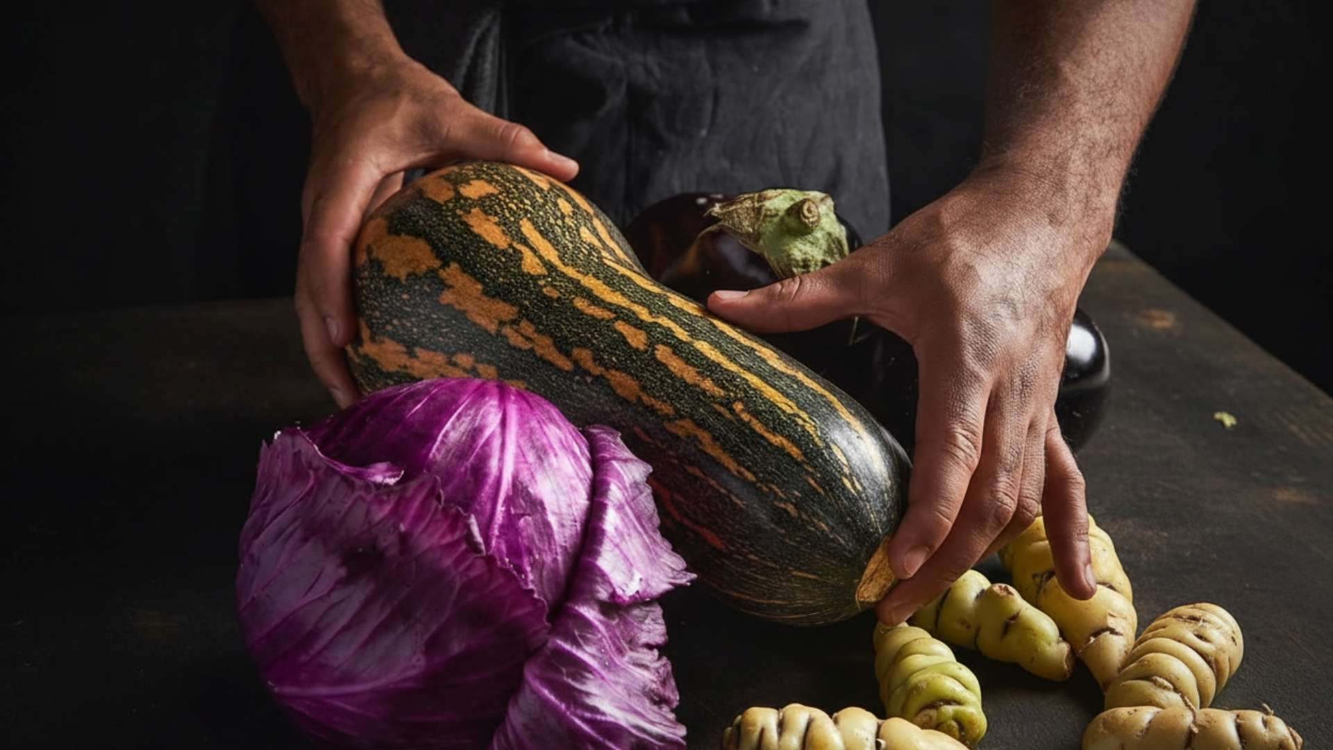 Un hombre sostiene una calabaza y otros vegetales frescos.