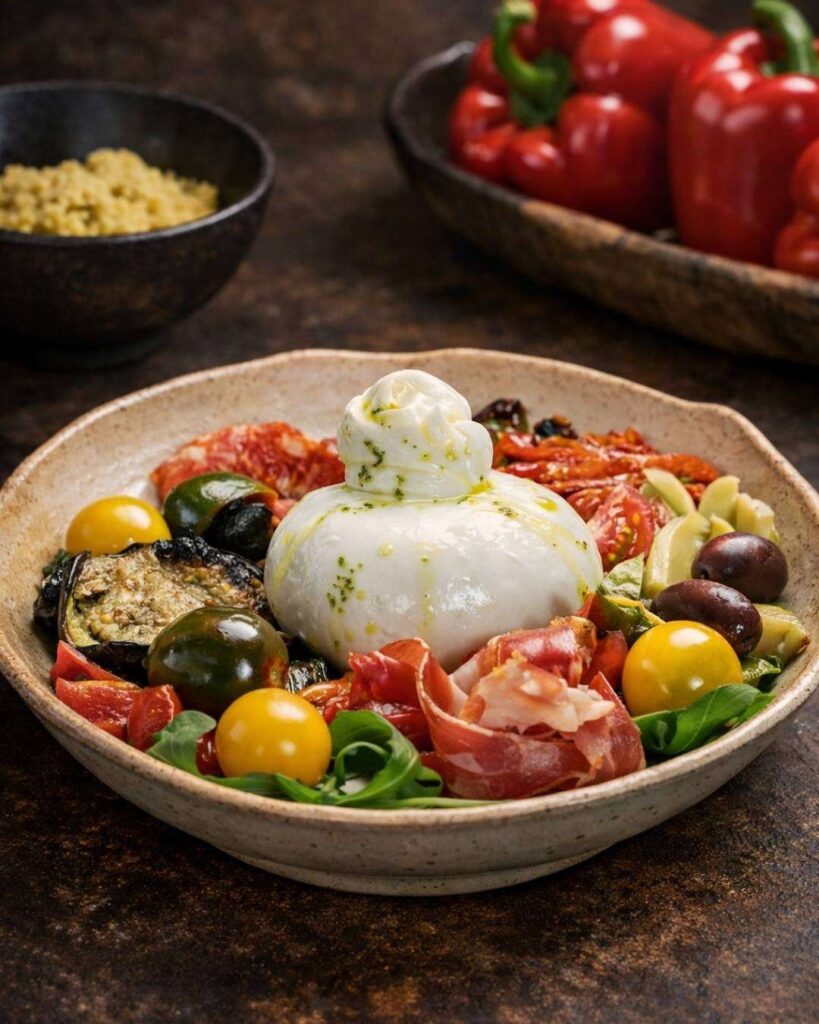 A bowl of food with tomatoes, peppers, and mozzarella, fresh and colorful ingredients.