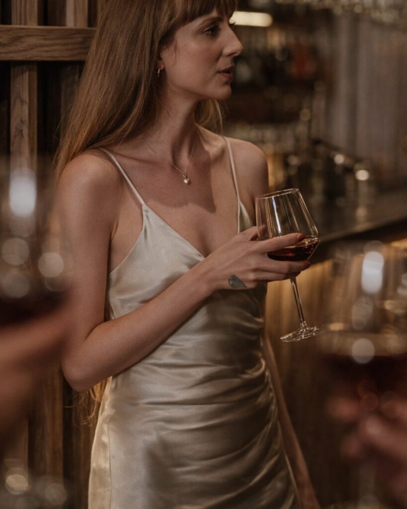 Mujer con vestido blanco sosteniendo una copa de vino.