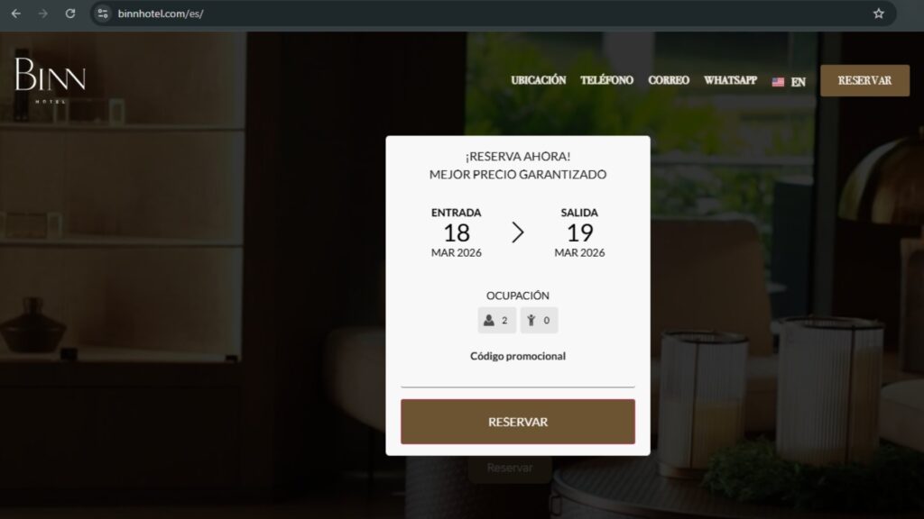 Pantalla de reserva del Binn Hotel en Medellín mostrando disponibilidad y opciones para reservar hotel de lujo en la ciudad