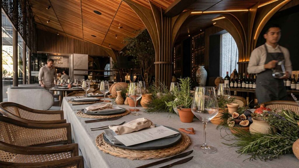 Restaurante fusión con una larga mesa y sillas.