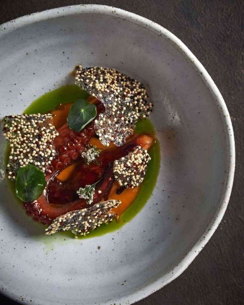 Tentáculo de pulpo braseado con crujiente de quinua y salsas cítricas, plato de alta cocina en restaurante de lujo en Medellín.