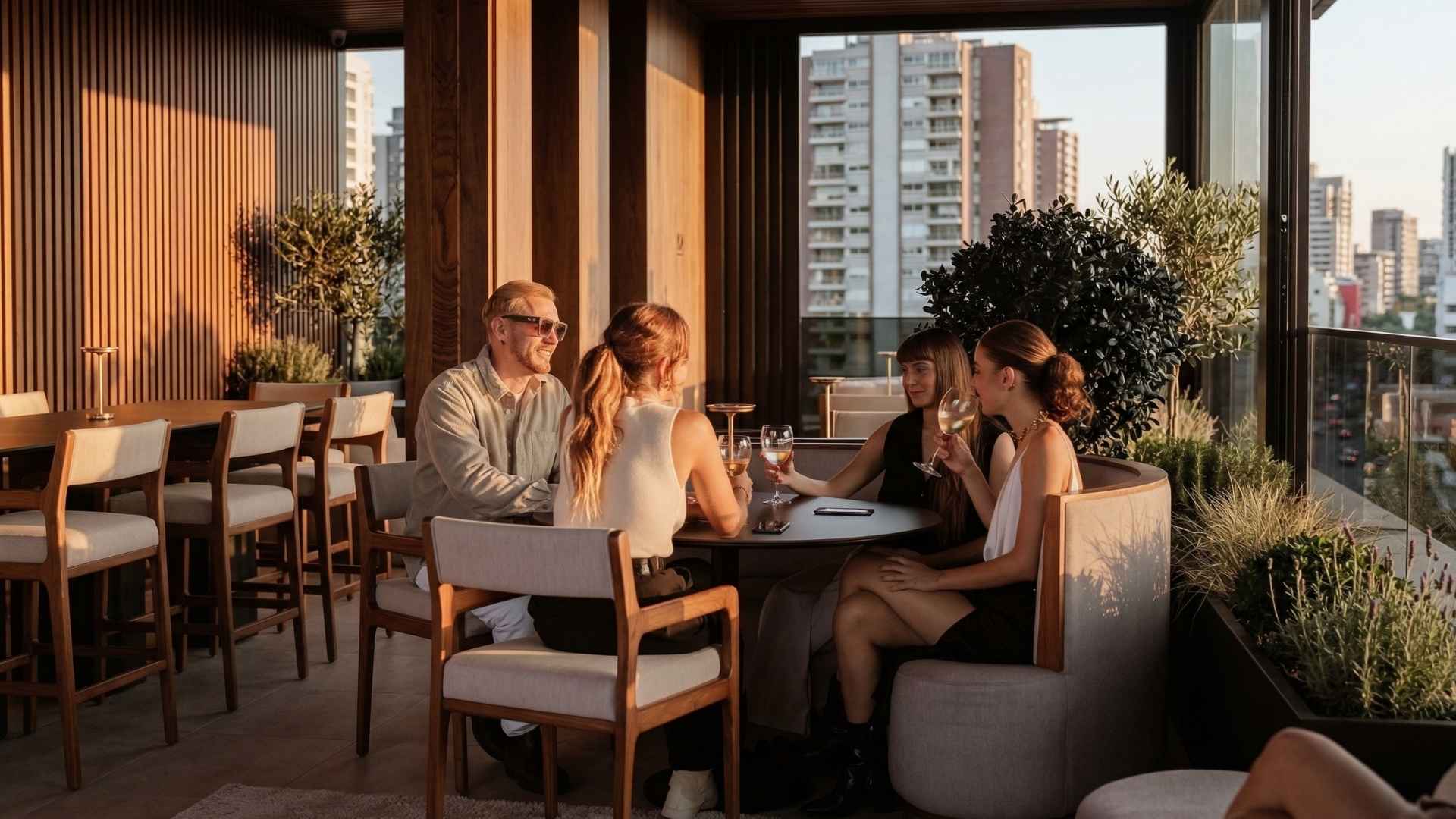 Personas disfrutando bebidas en rooftop al aire libre en Medellín, terraza elegante con vista urbana y ambiente social al atardecer.