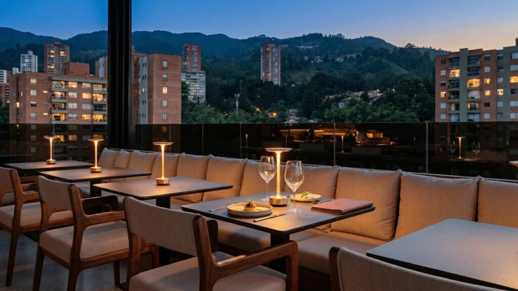 Rooftops con ambiente temático en Medellín con mesas iluminadas, vista a la ciudad y montañas, espacio elegante para cenas y experiencias nocturnas