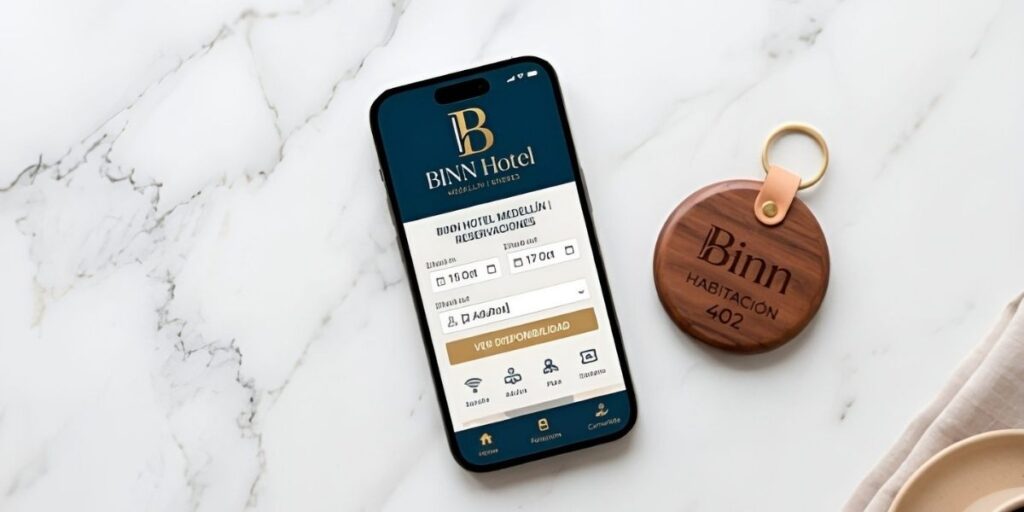 Interfaz móvil para reservar en el Binn Hotel Medellín, donde se encuentra el restaurante La Makha, junto a un llavero de madera de la habitación.