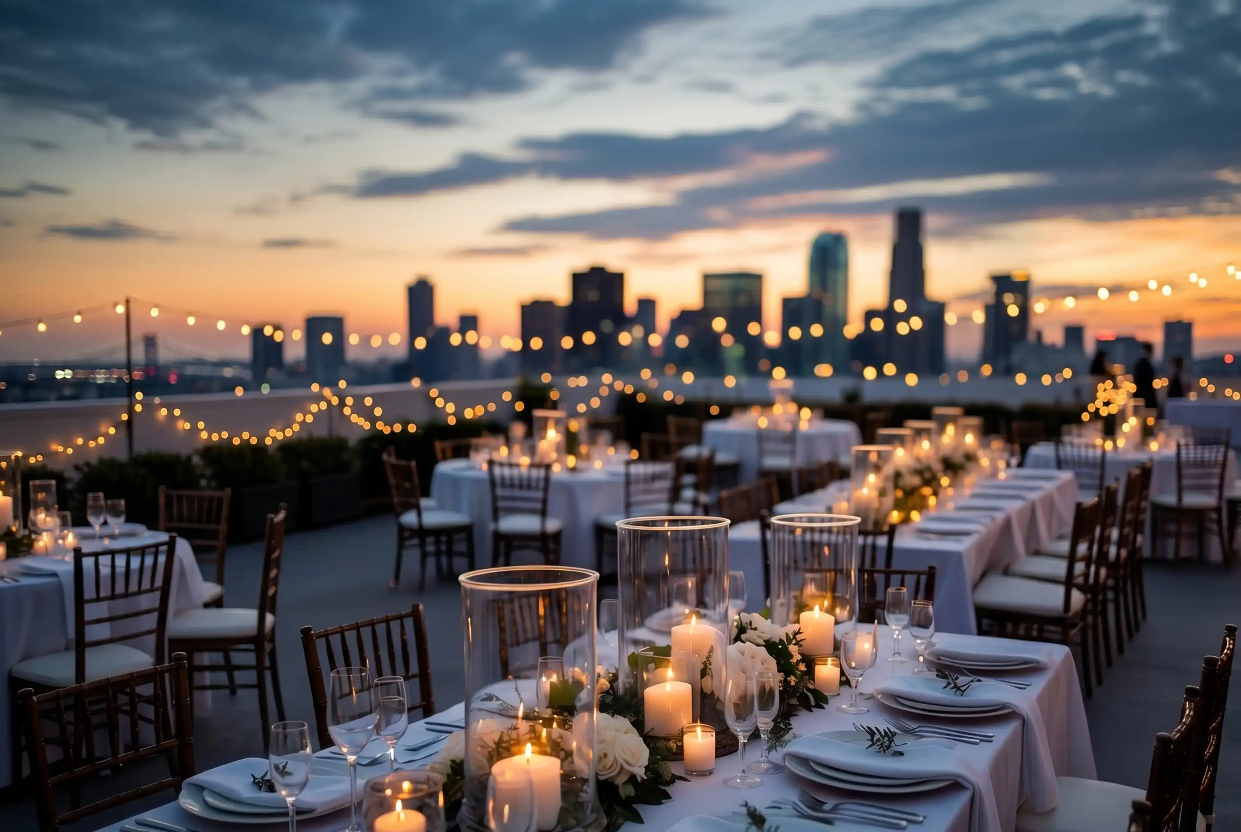 Recepción de boda civil en Etro Rooftop Medellín: mesas decoradas con velas, luces de feria y vista al skyline al atardecer.