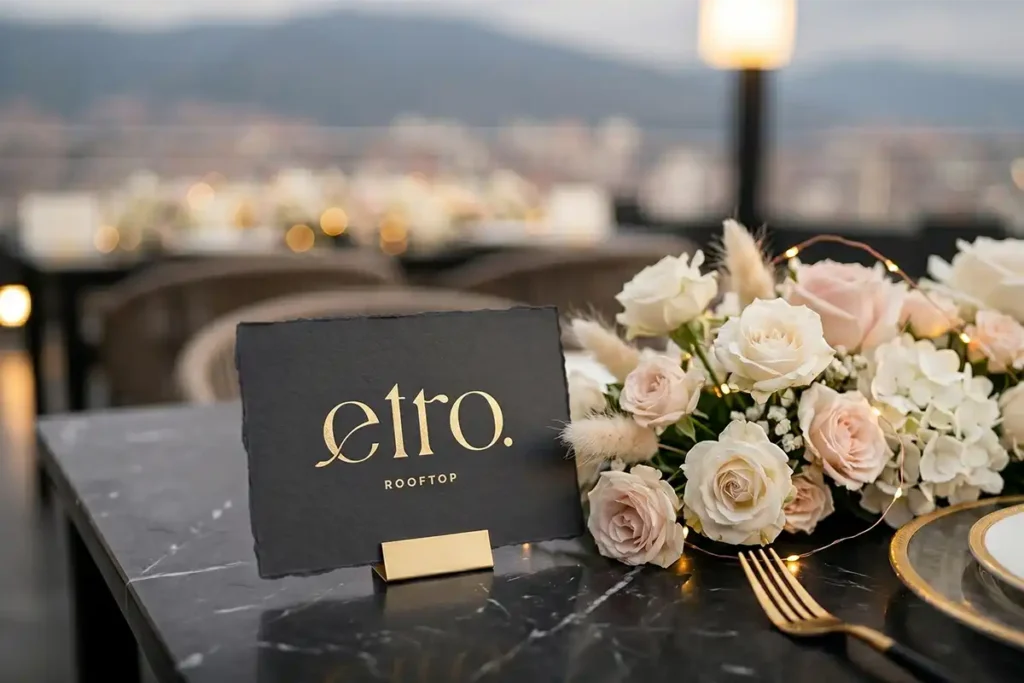Detalle de mesa reservada en Etro Rooftop Medellín: tarjeta personalizada en dorado, flores blancas y ambiente de lujo.