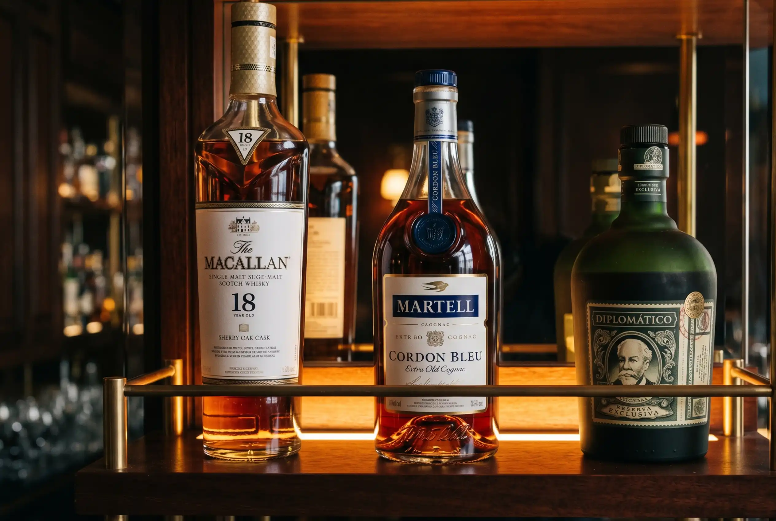 Carta de licores premium en Etro Rooftop con whisky Macallan, cognac Martell y ron añejo para coctelería exclusiva.