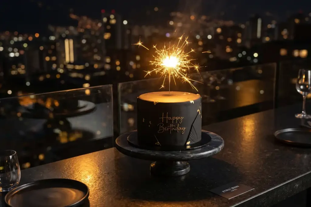 Pastel de cumpleaños elegante con bengala en Etro Rooftop, Medellín, con vista nocturna a las luces de El Poblado.