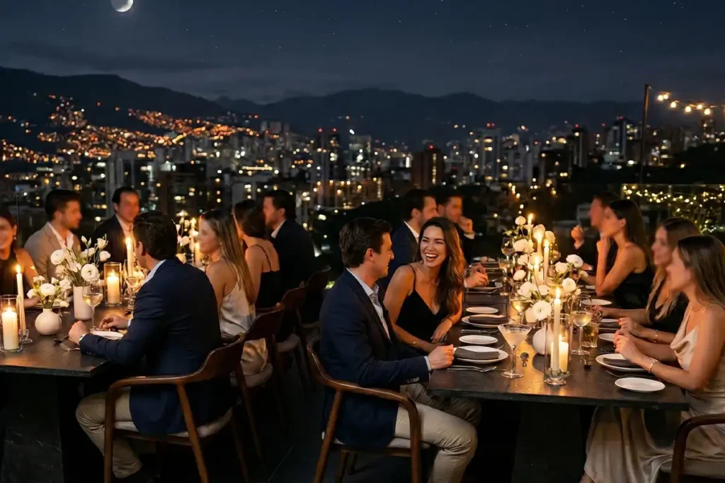 Cena grupal de lujo en Etro Rooftop Medellín: mesas imperiales iluminadas con velas y vista nocturna a El Poblado.
