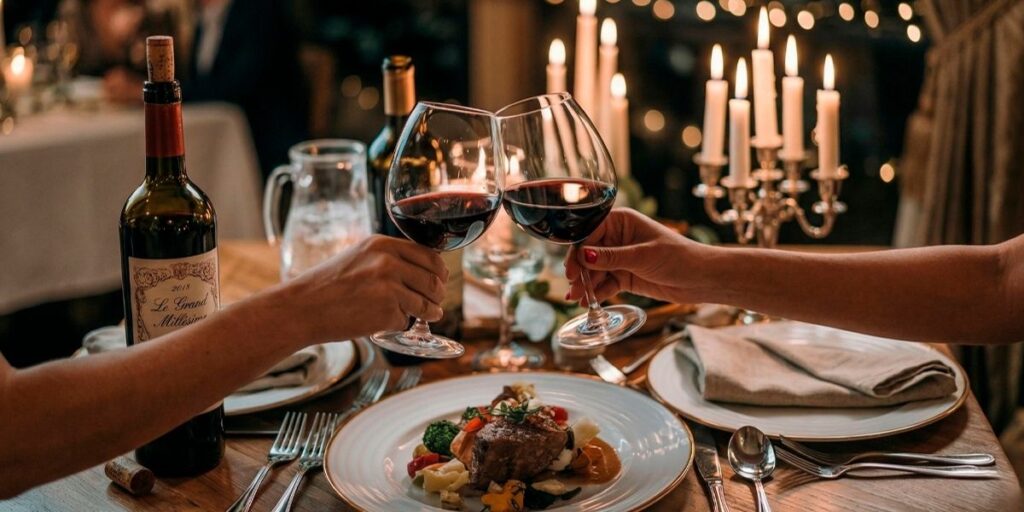 Brindis con copas de vino tinto en cena romántica con velas y plato gourmet en restaurante elegante