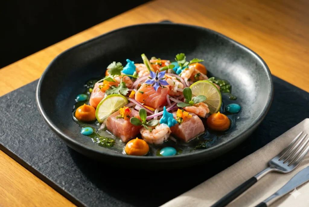 Ceviche de autor en Etro Rooftop Medellín: detalle de mariscos frescos, flores comestibles y técnicas de alta cocina para grupos.