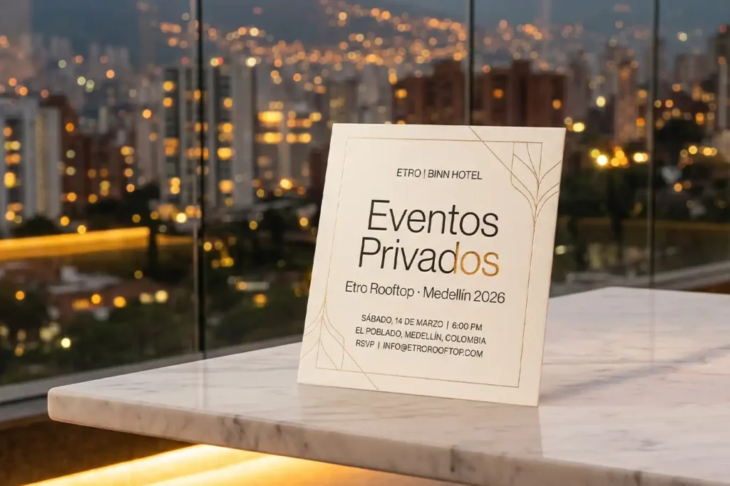 Información de eventos privados en Etro Rooftop Medellín 2026: reserva tu evento exclusivo en El Poblado con vista al skyline.