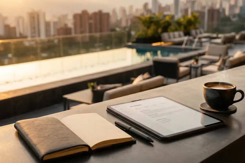 Espacio de coworking de lujo en Etro Rooftop, Medellín: tablet, café y agenda frente a piscina infinity al atardecer.