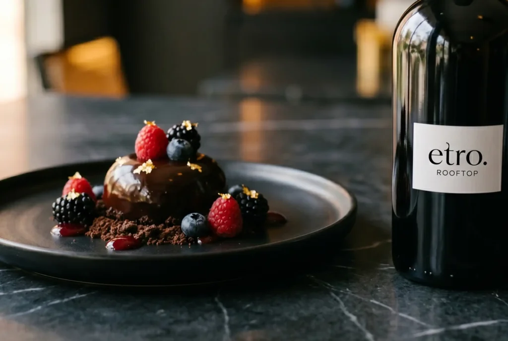 Mousse de chocolate con frutos rojos y láminas de oro junto a botella de vino en Etro Rooftop; postre de chocolate sin gluten.