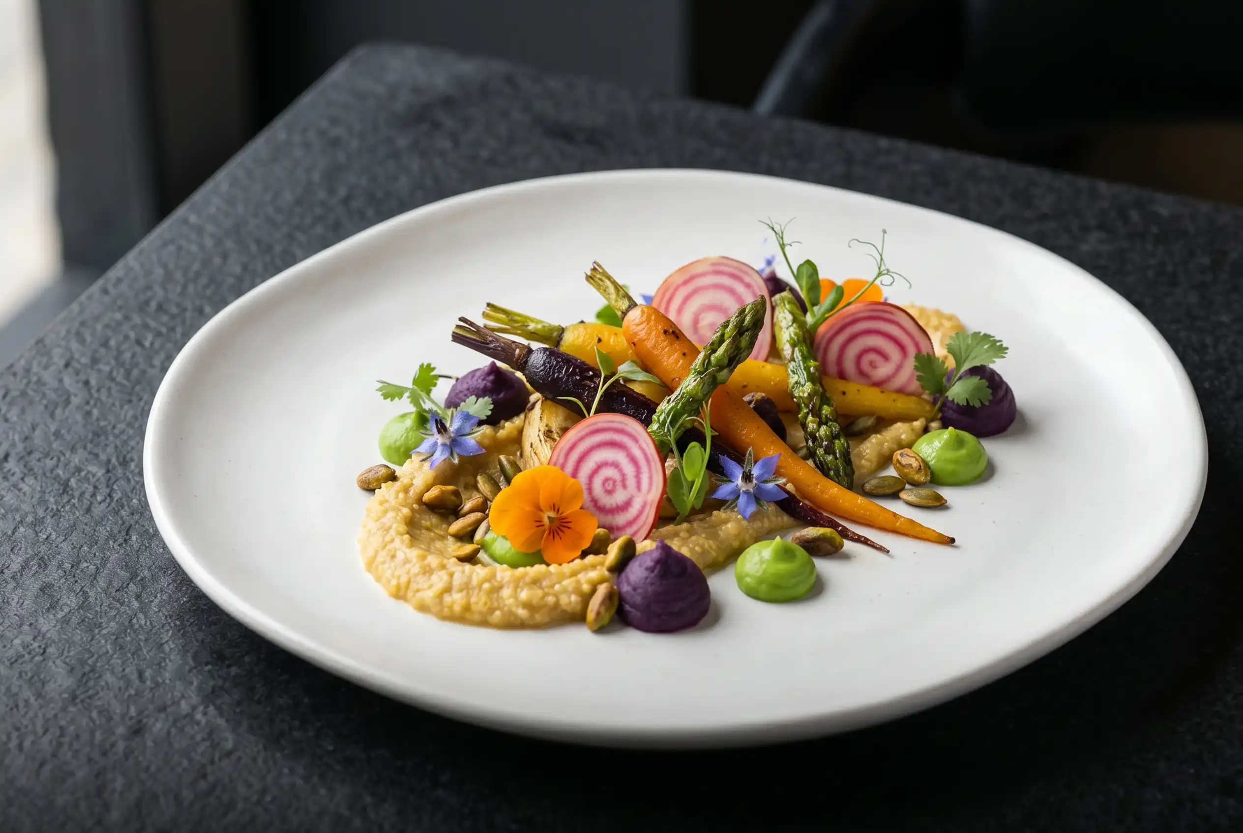 Emplatado gourmet de plato vegano sin gluten con vegetales asados, puré de coliflor y semillas sobre fondo oscuro.