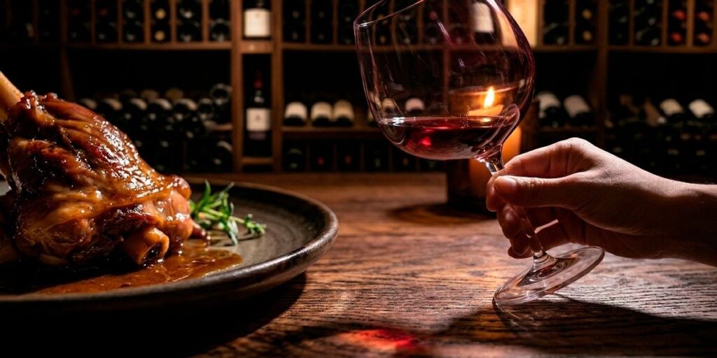 Copa de vino tinto junto a plato gourmet de carne en ambiente elegante con cava de vinos en Medellín