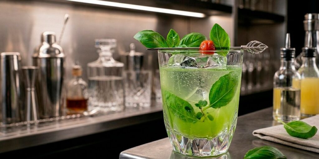 Cóctel artesanal verde con hierbas frescas y hielo en barra elegante de mixología en Medellín.