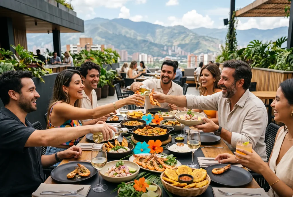 Menú para compartir en Etro Rooftop Medellín: grupo de amigos disfrutando de mariscos, patacones y vino con vista a las montañas.