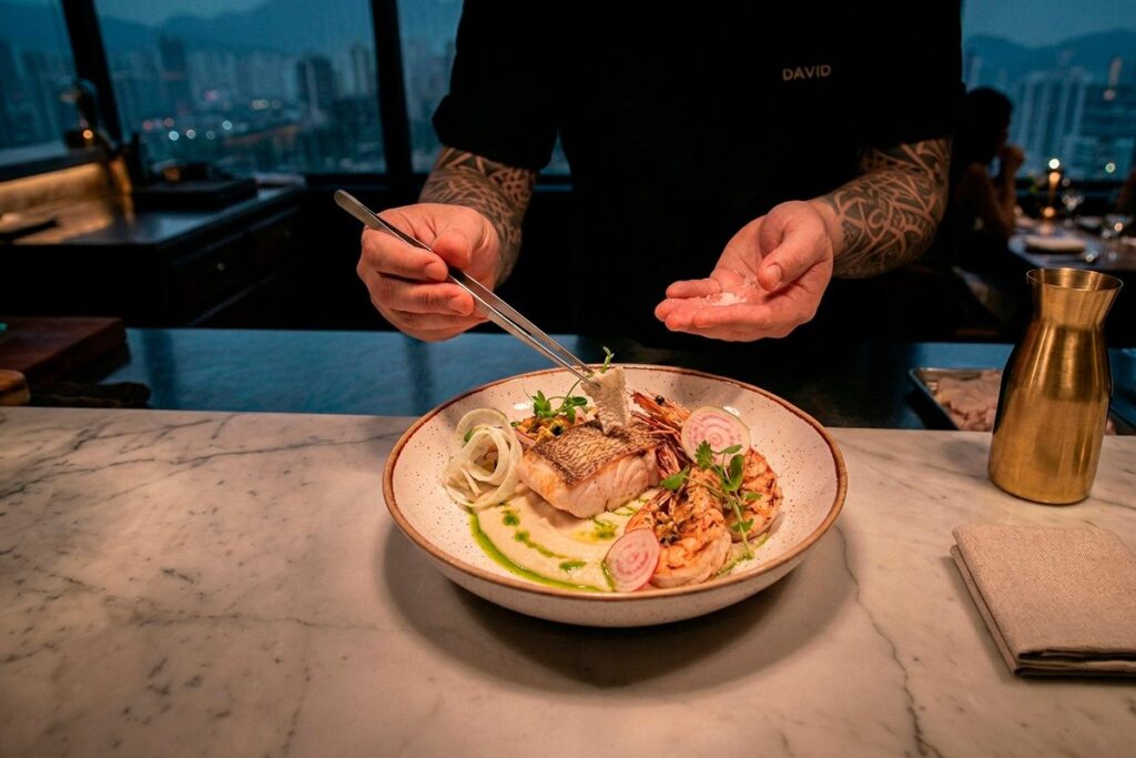 Chef en La Makha Medellín finalizando un plato del menú de temporada de mayo con pinzas de precisión y una vista panorámica de la ciudad al fondo.