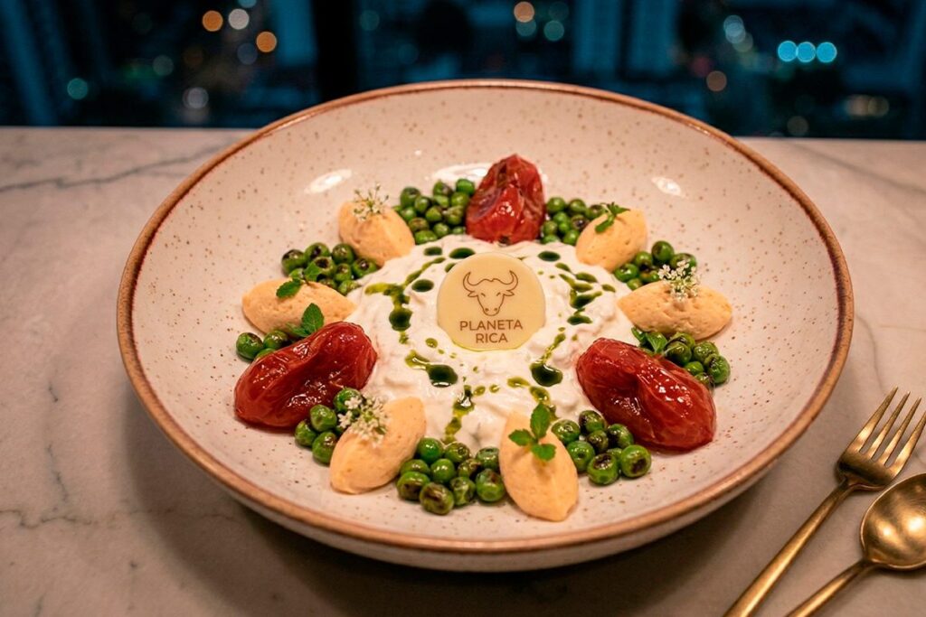 Plato del menú de temporada en La Makha Medellín con productos de Planeta Rica: Burrata con tomates confitados, arvejas frescas y aceite de albahaca.