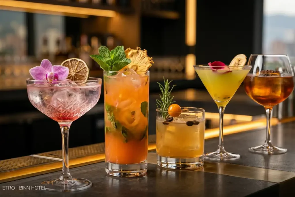 Cócteles de autor en Etro Bar de Binn Hotel Medellín, con decoración botánica, flores comestibles y mixología premium.