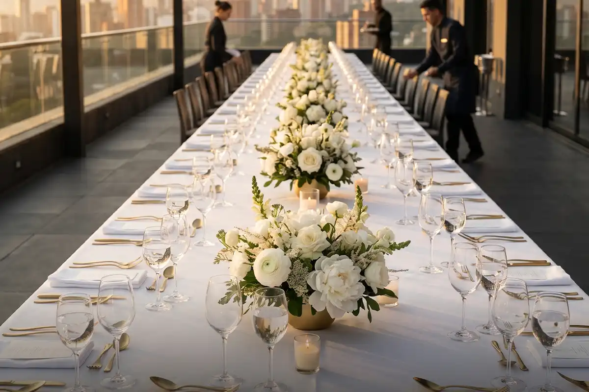 Mesa imperial para eventos de lujo en Etro Rooftop, Medellín: catering exclusivo para bodas y cenas corporativas con vista.