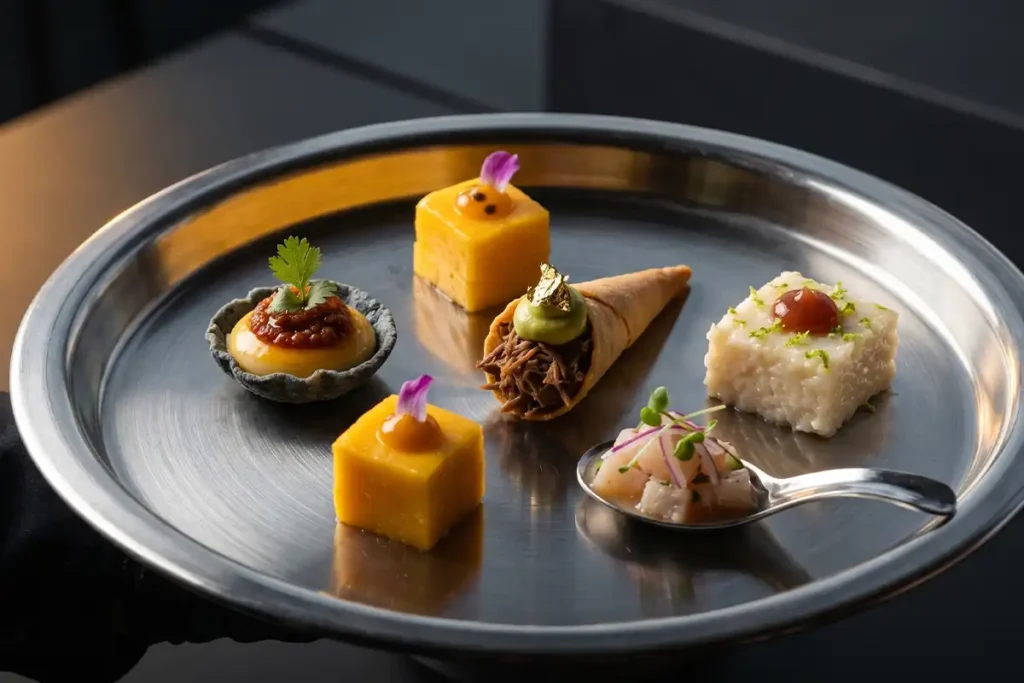 Catering gourmet para eventos en Medellín: selección de pasabocas de autor con detalles de oro comestible y flores en Etro.