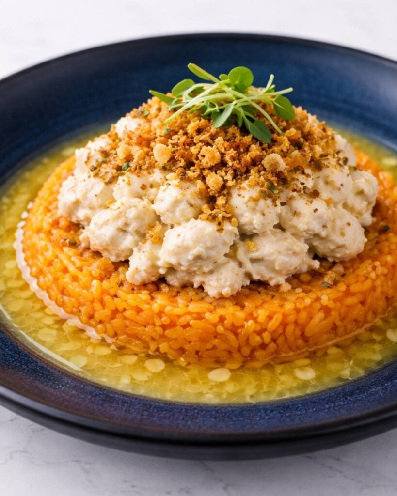 Plato vegetariano gourmet con arroz cremoso y toppings crujientes servido en rooftop de Medellín con presentación moderna