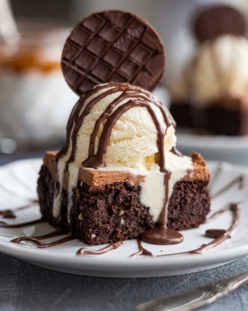 Brownie de chocolate con helado de vainilla y salsa caliente servido en Etro Rooftop Medellín como opción de postre gourmet