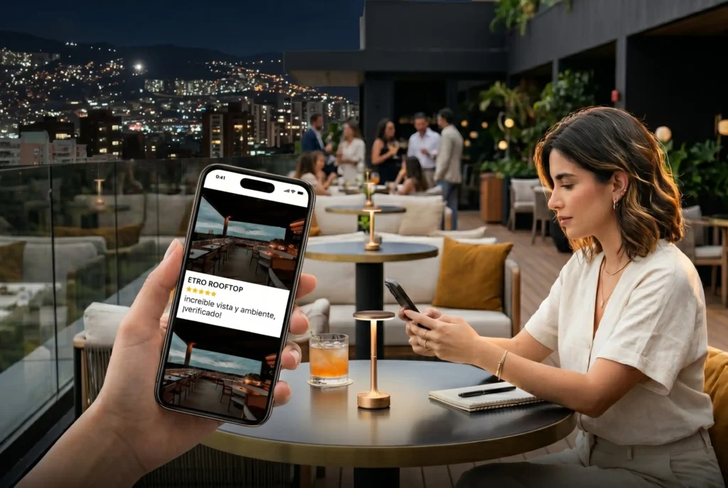Mujer sentada en terraza nocturna mientras un smartphone muestra reseñas rooftops Medellín de Etro con cinco estrellas.