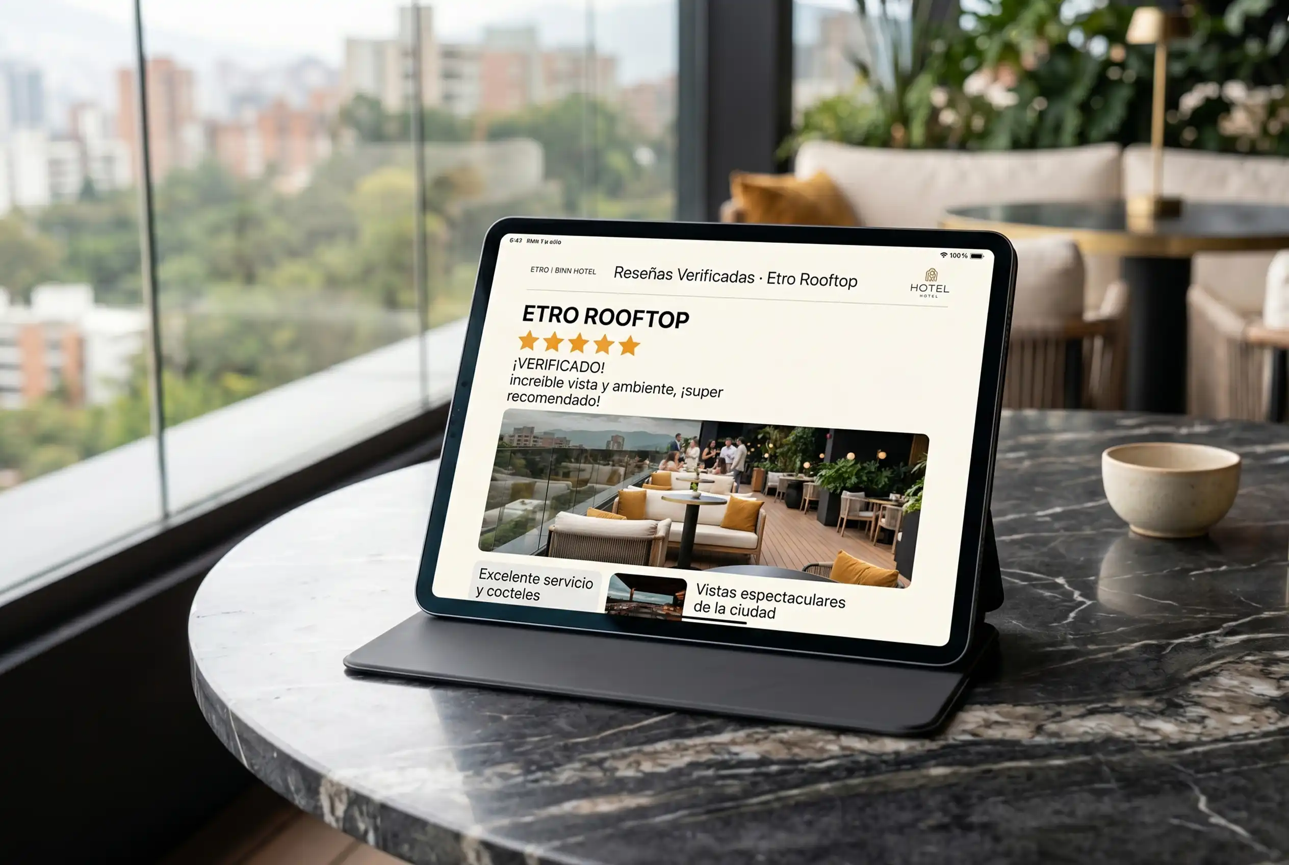 Mejores reseñas rooftops Medellín: opiniones verificadas de clientes sobre la vista y ambiente en Etro Rooftop Binn Hotel.