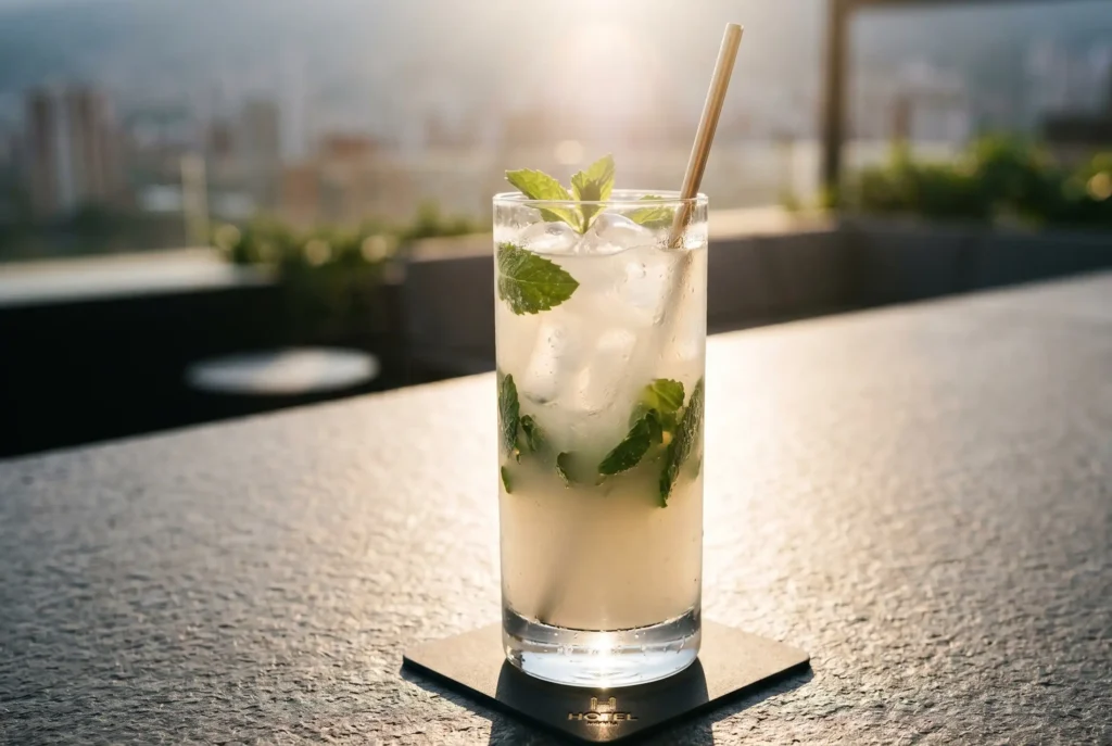 Cóctel refrescante de autor en Etro Rooftop Medellín: mojito con menta fresca al atardecer sobre posavasos de Binn Hotel.