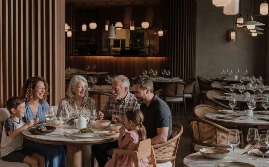Familia cenando en el restaurante La Makha de Binn Hotel, celebrando el Día de la Madre
