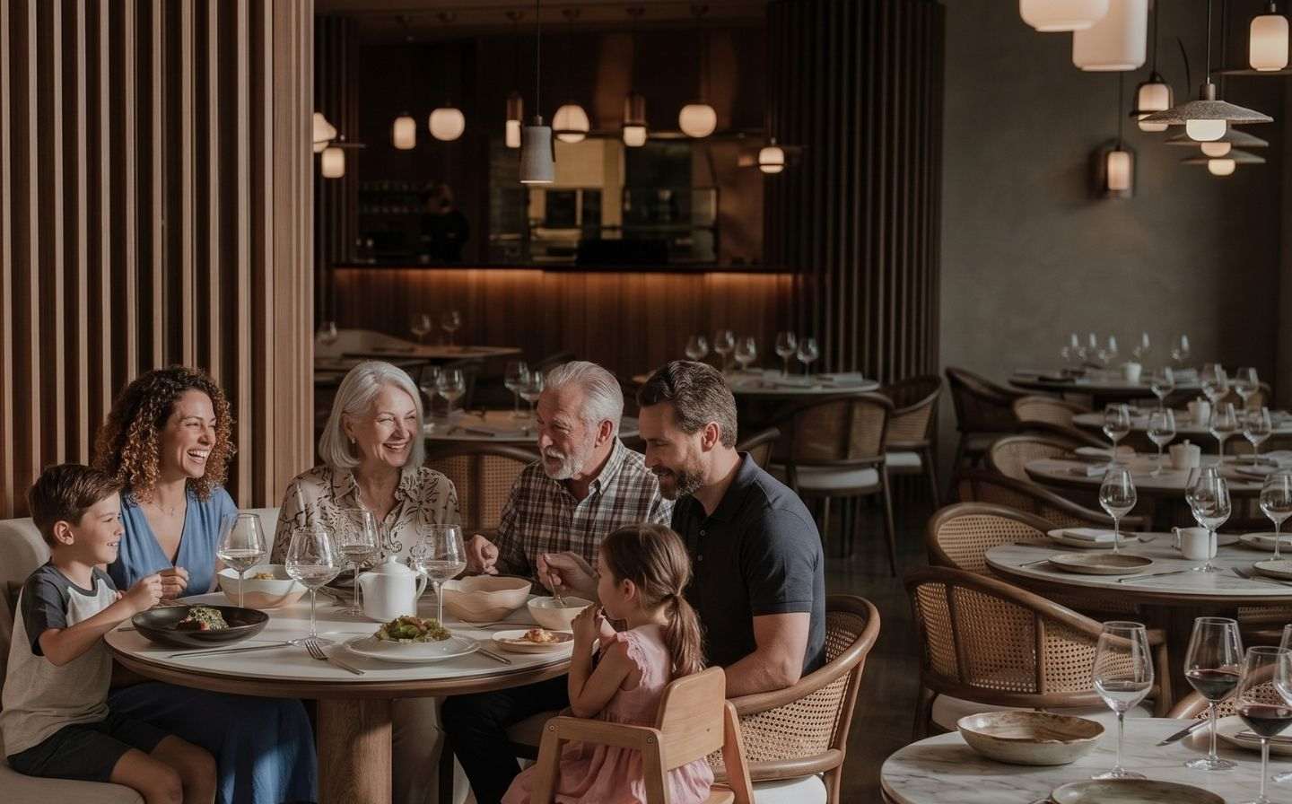 Familia cenando en el restaurante La Makha de Binn Hotel, uno de los mejores hoteles de lujo en Medellín para familias.