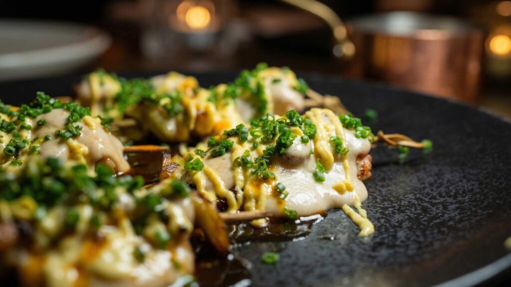 Plato de comida fusión gourmet en rooftop de Medellín con presentación moderna y ambiente nocturno elegante