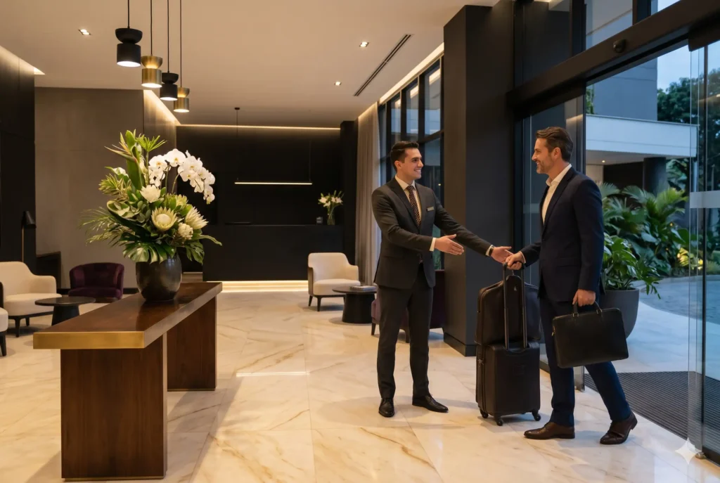 Recepción de viajero de negocios en el lobby de Binn Hotel Medellín: servicio de concierge premium y diseño moderno.