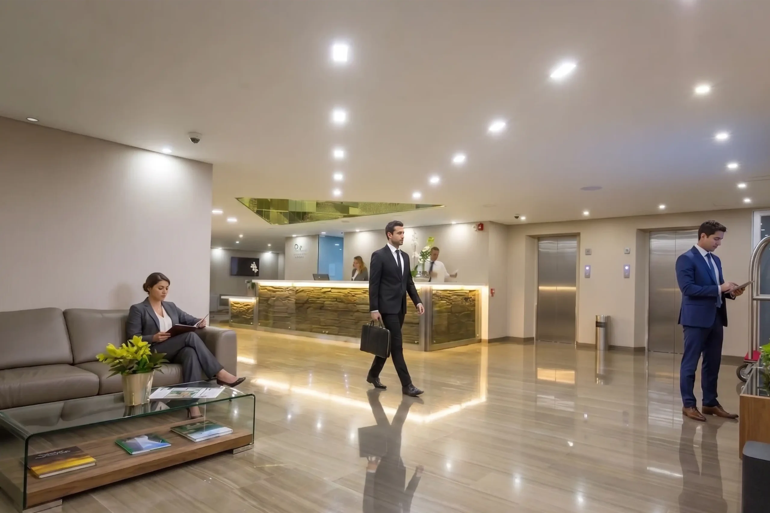 Ejecutivos en la recepción de un hotel de lujo en Medellín que ofrece tarifas flexibles y servicio corporativo premium.
