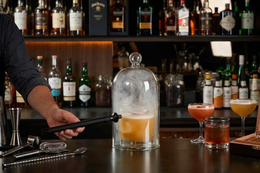 Experiencia de coctelería ahumada en La Makha Medellín: Bartender usando una pistola de humo bajo una campana de cristal para infusionar un cóctel artesanal.