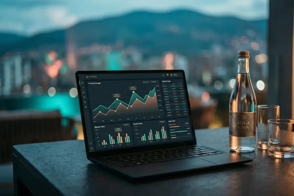 Laptop con gráficos financieros en Etro Rooftop, Medellín: trabajo remoto de lujo con vistas nocturnas y agua Aqua Binn.